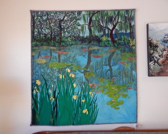 Landscape"Homage to Monet" Quilted Wall hanging Upcycled wool and silk  Garden