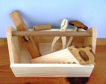 Wooden Tool Box with 5 Pretend Wood Tools/child's gift