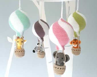 Hot air balloon mobile with crochet animals, baby shower gift