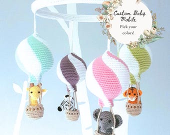Custom Hot Air Balloon Baby Mobile with Personalized Animals – Handmade Nursery Decor – Custom Boho Crib Mobile – Baby Shower Gift