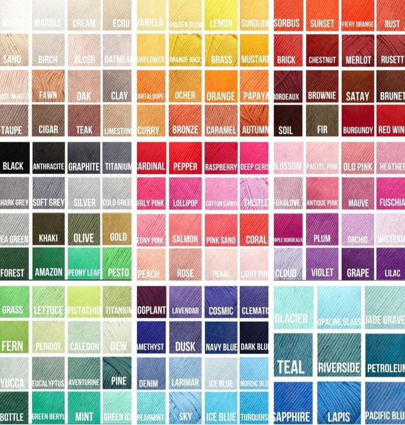 May include: A chart of 144 color swatches with names for each color. The colors are arranged in rows and columns, and the names are printed below each swatch. The colors range from white to black, and include shades of red, orange, yellow, green, blue, purple, pink, and brown.