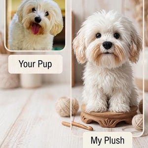 Puede incluir: Un perro de peluche blanco con detalles en beige, sentado sobre un pequeño soporte de madera. La imagen incluye una foto de un perro real y el texto "Your Pup" y "My Plush". La parte inferior de la imagen tiene el texto "Hobby Crochet - Custom Amigurumi" y "Your Furry Friend Forever".