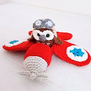 Handgemachtes Häkelflugzeug Plüschtier: Eule Pilot, Baumwolle Kleinkind Geschenk