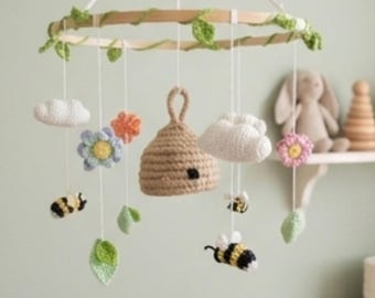 Móvil infantil Jardín de Miel, Móvil de cuna de abejas de ganchillo, Móvil de cuna de colmena, Móvil infantil hecho a mano, Decoración de habitación infantil con abejas, Regalo neutro para la habitación del bebé