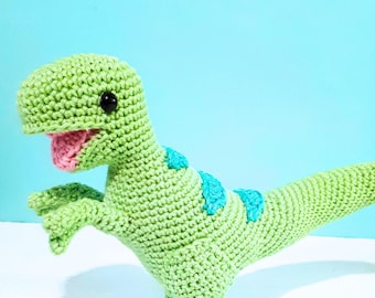 May include: A green crocheted dinosaur toy with blue accents. The dinosaur has a pink tongue sticking out and black eyes.