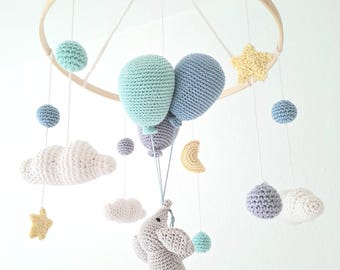 Crochet Elephant Baby Mobile: Handmade Nursery Decor with Balloons