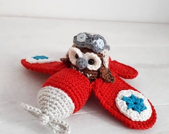 Red airplane toy, stuffed airplane, crochet airplane, amigurumi airplane, aviator owl, stuffed toy