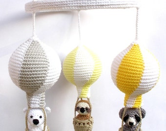 Yellow and gray hot air balloon baby mobile, travel theme nursery decor, baby shower gift