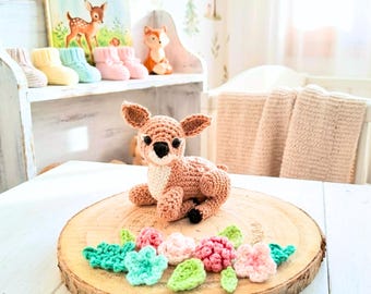 Handmade Crochet Baby Deer with Flowers – Nursery Decoration, Baby Shower Gift, Woodland Animal Decor