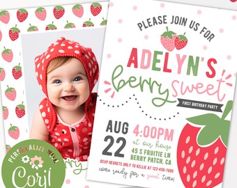 Strawberry First Birthday Invitation - Berry Sweet 1st Birthday Invitation - Editable - Printable - Instant Download