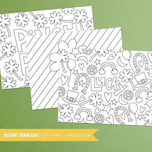 May include: Three black and white printable coloring pages with a St. Patrick's Day theme. The first page has a repeating pattern of shamrocks. The second page has a striped background with the word "LUCK" in large letters. The third page has a repeating pattern of shamrocks, hearts, stars, rainbows, horseshoes, leprechaun hats, and the word "LUCK".