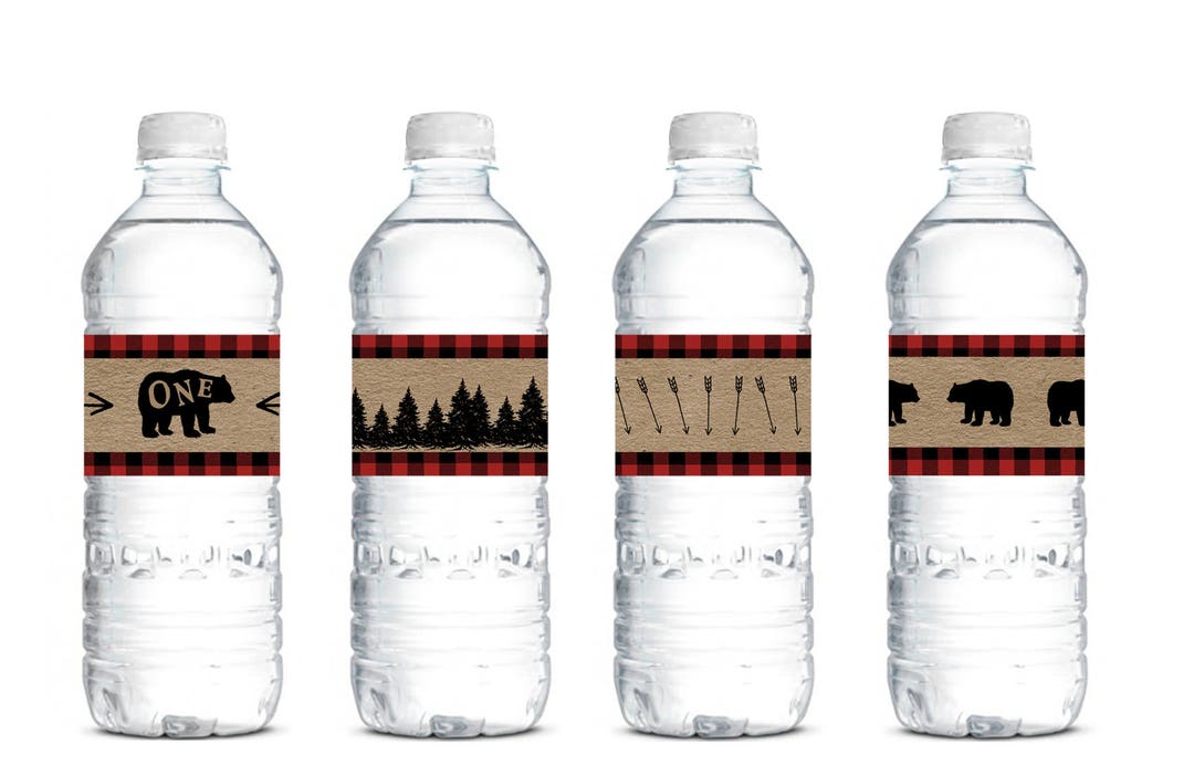 Lumberjack First Birthday Water Bottle Labels Printable Decor Bear Birthday Decorations Plaid ...