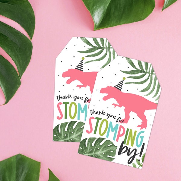 Pink Dinosaur Party Favor Printable Tag - Thank You For Stomping By  - Girl Dinosaur Birthday Party Theme - DNO378