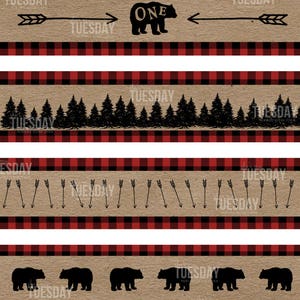 Lumberjack First Birthday Water Bottle Labels Printable Decor Bear Birthday Decorations Plaid ...