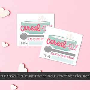 Cereal Valentine Printable Punny Valentine Card Cerealsly glad you are my friend Editable PDF School Valentine image 3