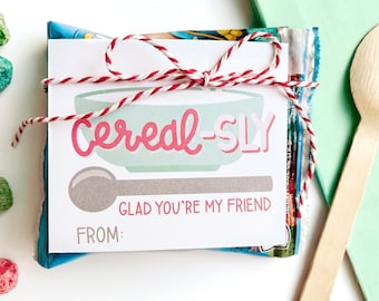 Cereal Valentine Printable - Punny Valentine Card - Cerealsly glad you are my friend - Editable PDF School Valentine