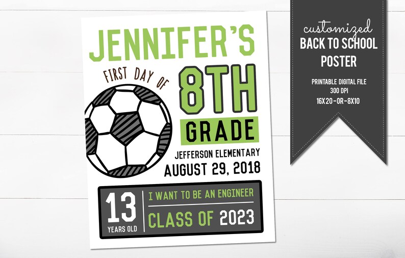 First Day of School Poster Soccer Back to School Sign Printable First Day of School Sign Green Sports First Day of School Sign