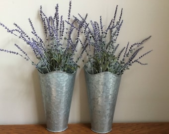 Set of 2 Galvanized Metal Wall Pockets with Lavender Stems / Wall Flower Vases / Farmhouse Metal Wall Container