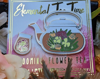 Blühende Blume Teekanne und Teetasse Emaille Pins