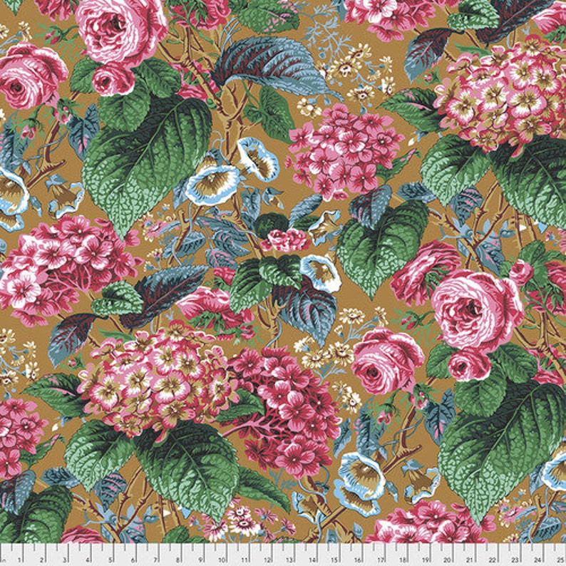 LAST 12 yard Rose and Hydrangea in Ochre designed by Philip Jacobs for Kaffe Fassett Collective PJ097