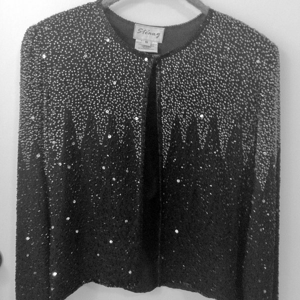 Vintage Evening Jacket 1960's Black Silk & Rhinestone Dressy Silk Jacket with Rhinestones Size Extra Small "Stenay"