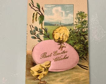 Vintage Postcard Best Easter Wishes Chickens Peeps with 3 D Satin Padded Easter Egg
