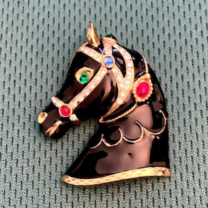 Gene-Verri Gem Craft Signed Glossy Black Enamel Horse Head Brooch