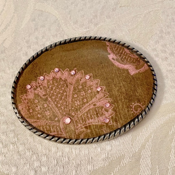 Vintage Peacock Belt Buckle with Pink Stones and Silver Rim