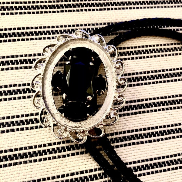 Vintage Jet Black Faceted Multi Stone Bolo Tie Black Leather with Silver Tips