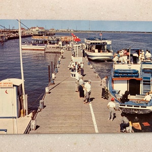 Postal antigua de Atlantic City, Nueva Jersey. Excursiones en barco por el muelle de Inlet