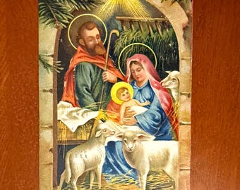 Religious Christmas Postcard Holy Family Mary & Baby Jesus Manger Embossed 1910