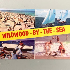 Postal vintage de Nueva Jersey: Wildwood by the Sea, playa, navegación, Nueva Jersey, 1964