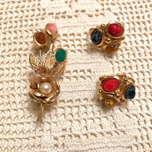 Vintage Scarab & Pearl Brooch with Clipon Scarab Earrings Midcentury Jewelry