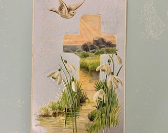 Carte postale de Pâques vintage en relief : croix et lys, fond argenté