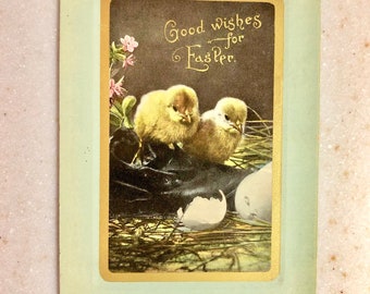 Vintage Oster Postkarte Gute Wünsche zu Ostern Hühner Peeps 1911
