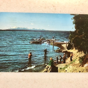Cartolina d'epoca Parco Nazionale di Yellowstone Pesca nel lago Yellowstone 1964