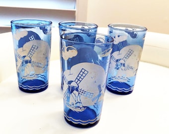 Vintage Hazel Atlas Set of 4 Windmill Juice Glasses Cobalt Blue Juice Glasses