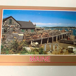 Cartolina vintage Maine Bass Harbor ME Lobster Fisherman Shack e Dock di grandi dimensioni