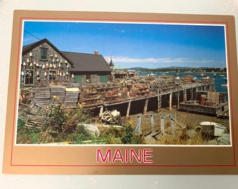 Vintage Postcard Maine Bass Harbor ME Lobster Fisherman Shack & Dock Over Size