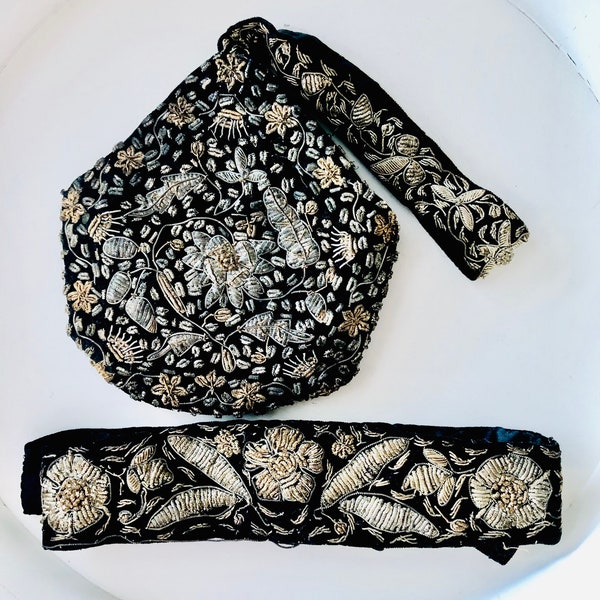 Vintage Zardozi Black Velvet Embroidered Evening Wrist Bag with Matching Belt Bag has Zipper Closure Gold & Silver Metallic Thread India