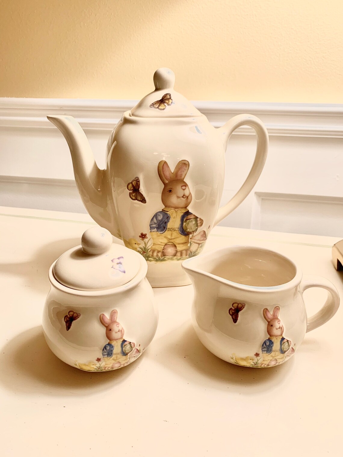 Vintage Bunny Tea Set Teapot Sugar & Creamer and Tray Rabbit Etsy