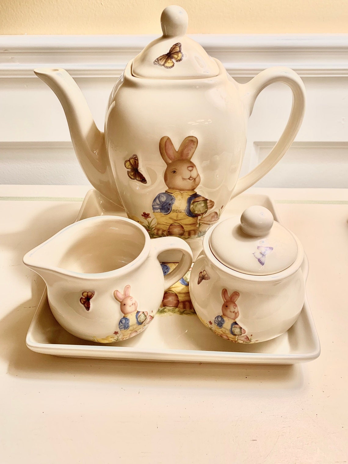 Vintage Bunny Tea Set Teapot Sugar & Creamer and Tray Rabbit Etsy
