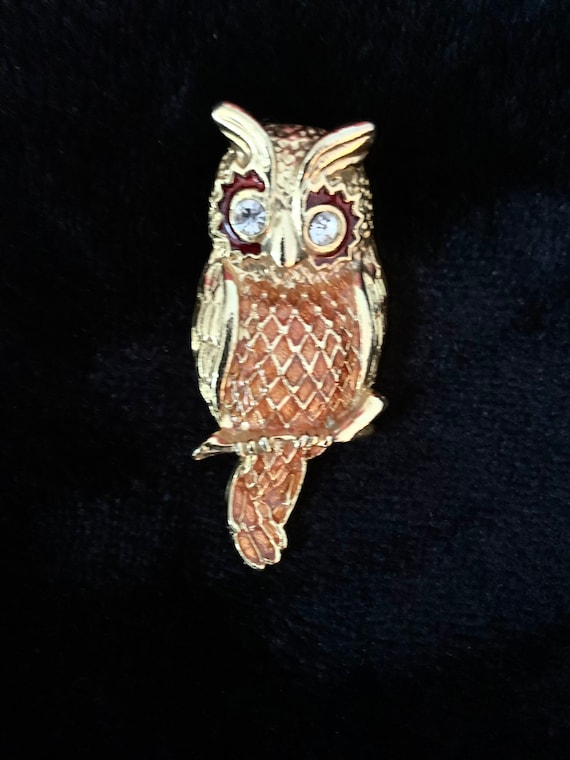 Vintage Owl Brooch with Large Crystal Eyes Gold To