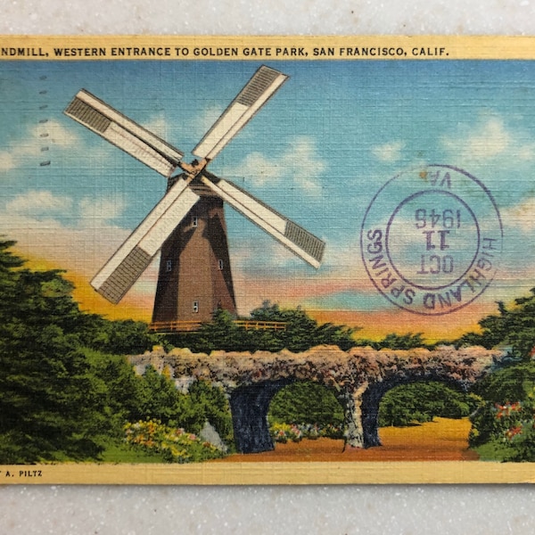 Vintage Postcard San Francisco CA Golden Gate Park Dutch Windmill 1946 Linen