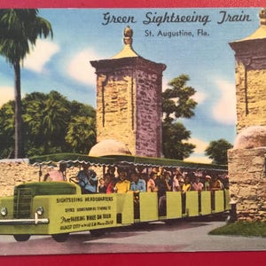 Vintage FL Postkarte St Augustine Florida Green Stadtrundgang Zug Mint Leinen