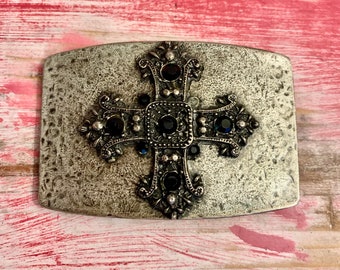 Hebilla de cinturón vintage con cruz celta y diamantes de imitación negros, de latón, fabricada en EE. UU.