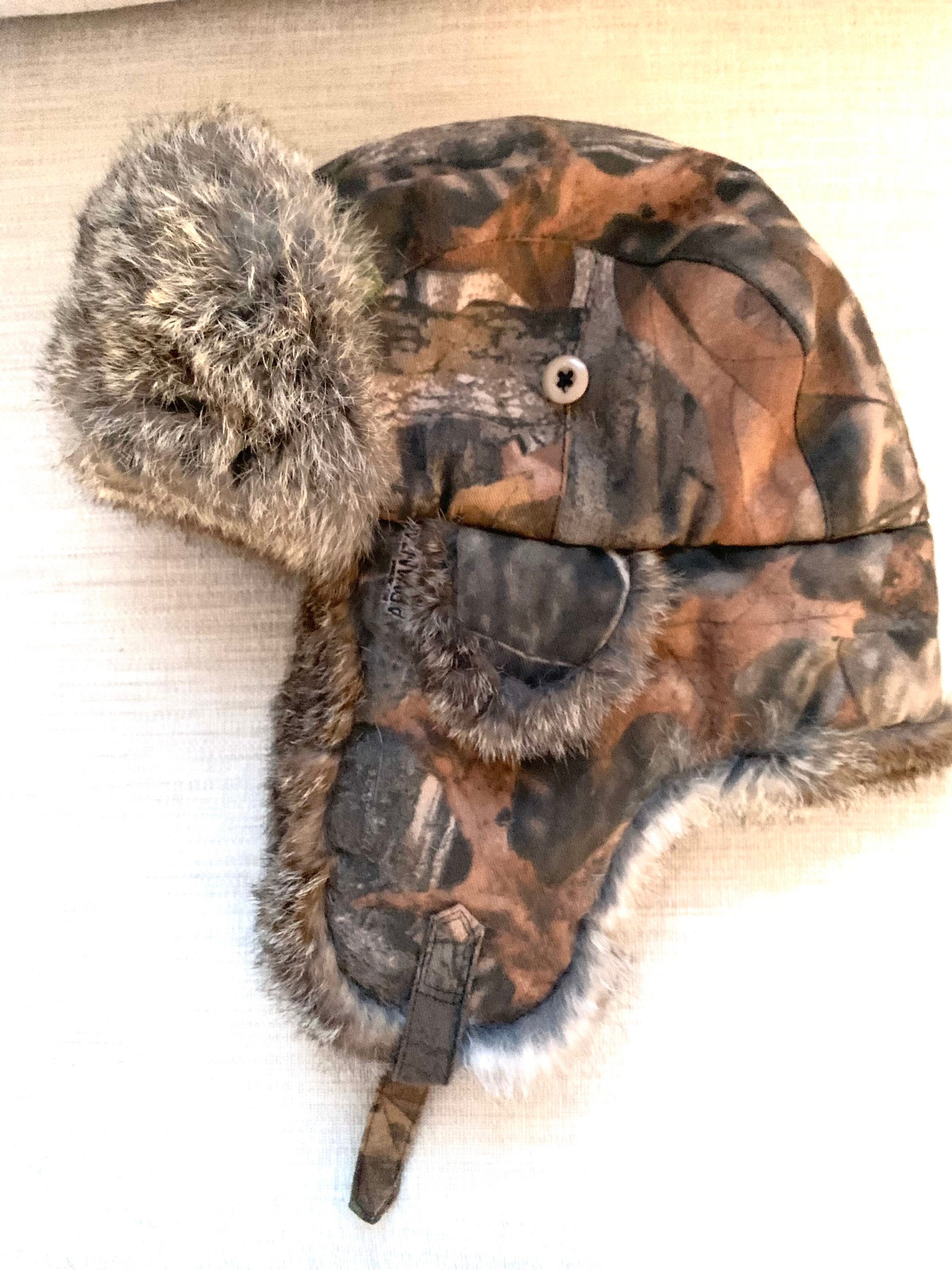 Vintage Camouflage & Rabbit Fur Hat With Ear Flaps Read 