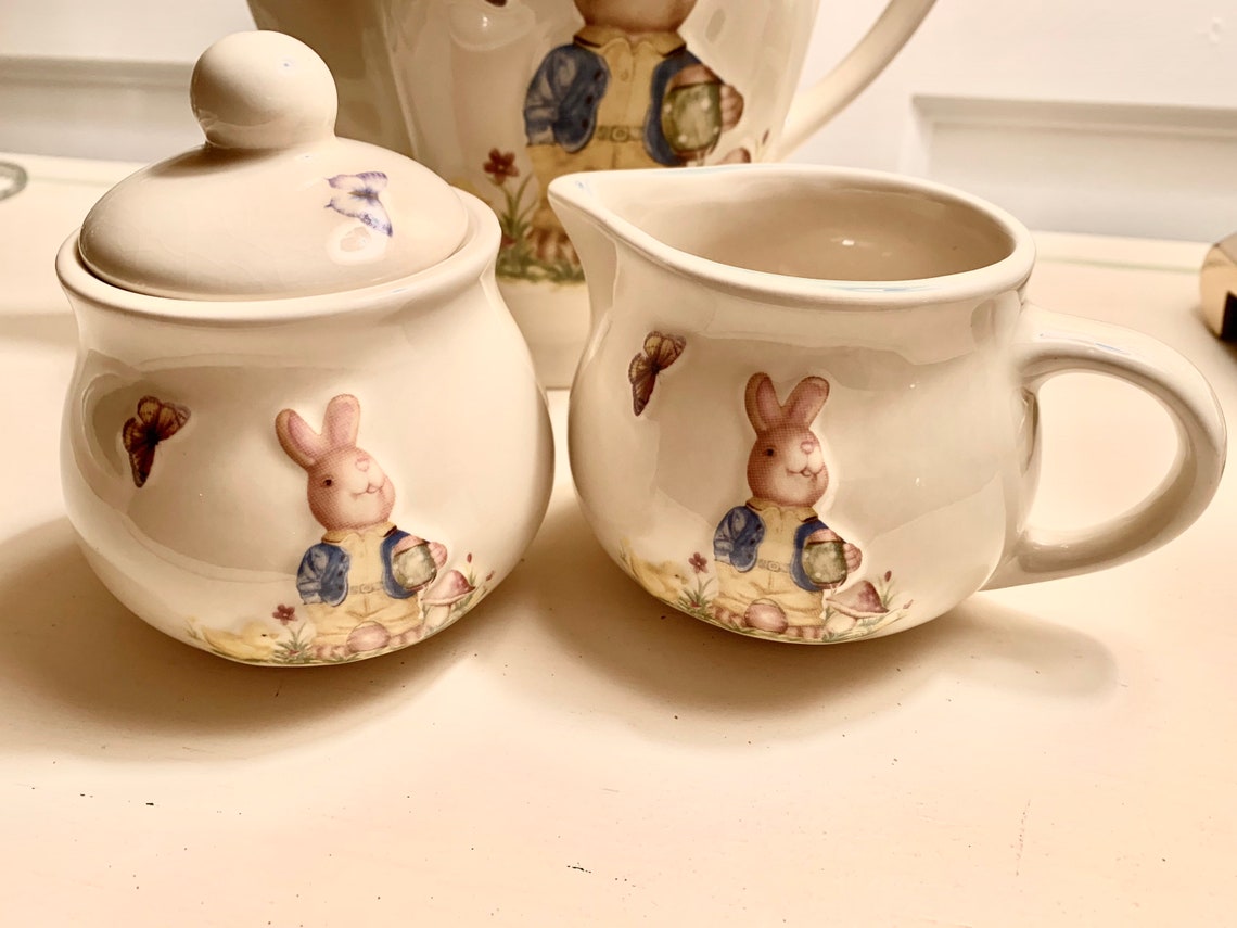 Vintage Bunny Tea Set Teapot Sugar & Creamer and Tray Rabbit Etsy