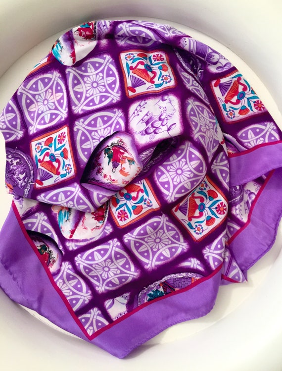 Vintage Carole Little Scarf Purple Silk Print Sca… - image 4