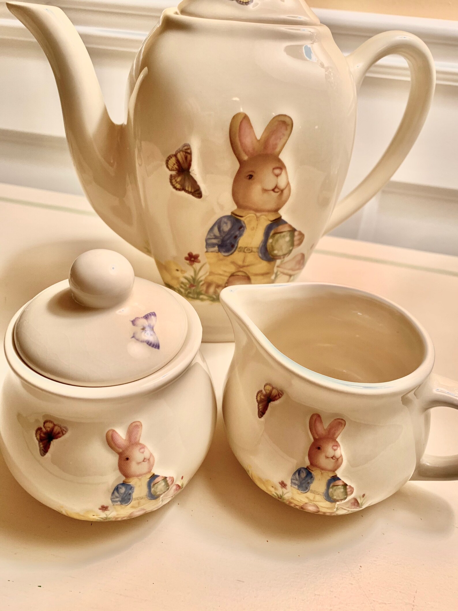 Vintage Bunny Tea Set Teapot Sugar & Creamer and Tray Rabbit Etsy